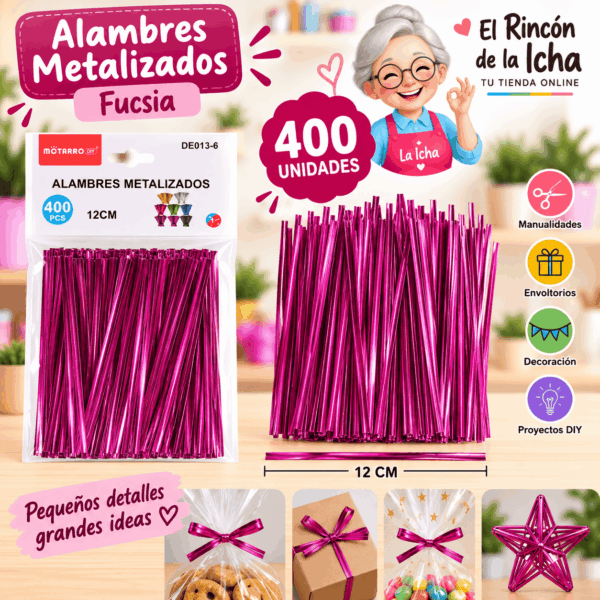 Alambres Metalizados Fucsia 12 cm – 400 Unidades Alambres metalizados fucsia de 12 cm, paquete de 400 unidades para manualidades y decoración