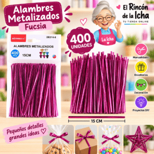 Alambres Metalizados Fucsia 15 cm – 400 Unidades Alambres metalizados fucsia de 15 cm, paquete de 400 unidades para manualidades y decoración