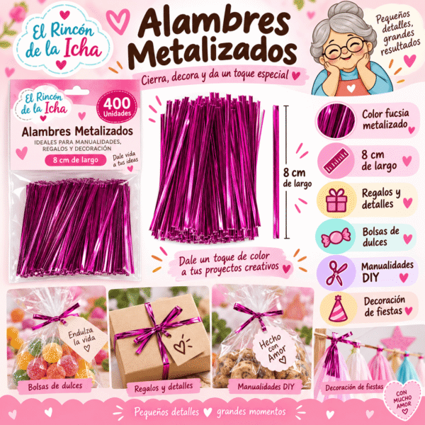 Alambres Metalizados Fucsia 8 cm – 400 Unidades | El Rincón de la Icha Pack de 400 alambres metalizados fucsia de 8 cm para cerrar bolsas, regalos, recuerdos y manualidades DIY.