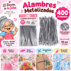 Alambres Metalizados Plateados 10 cm – 400 Unidades | El Rincón de la Icha Pack de 400 alambres metalizados plateados de 10 cm para cerrar bolsas, regalos, recuerdos y manualidades DIY.