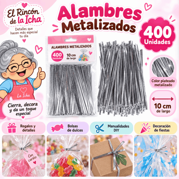 Alambres Metalizados Plateados 10 cm – 400 Unidades | El Rincón de la Icha Pack de 400 alambres metalizados plateados de 10 cm para cerrar bolsas, regalos, recuerdos y manualidades DIY.