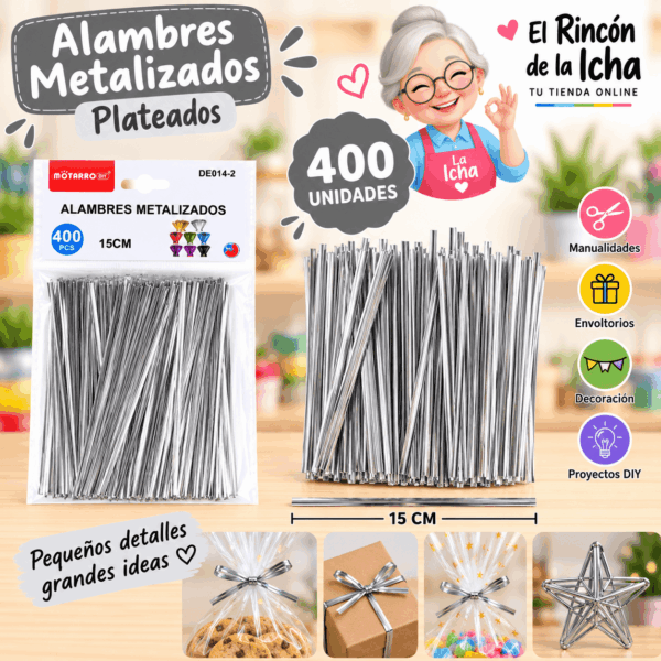 Alambres Metalizados Plateados 15 cm – 400 Unidades Alambres metalizados plateados de 15 cm, paquete de 400 unidades para manualidades y decoración