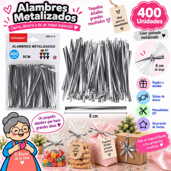 Alambres Metalizados Plateados 8 cm – 400 Unidades | El Rincón de la Icha Pack de 400 alambres metalizados plateados de 8 cm para cerrar bolsas, regalos, recuerdos y manualidades DIY.