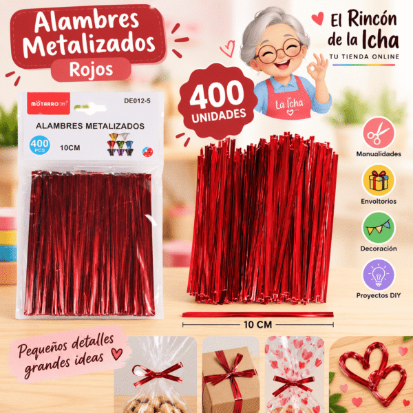 Alambres Metalizados Rojos 10 cm – 400 Unidades Alambres metalizados rojos de 10 cm, paquete de 400 unidades para manualidades y decoración