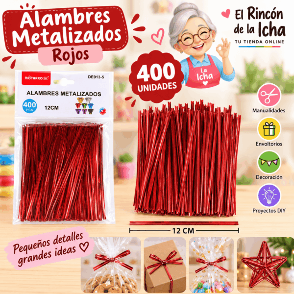 Alambres Metalizados Rojos 12 cm – 400 Unidades Alambres metalizados rojos de 12 cm, paquete de 400 unidades para manualidades y decoración