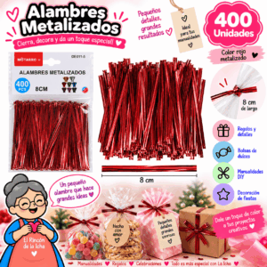 Pack de 400 alambres metalizados rojos de 8 cm para cerrar bolsas, regalos, recuerdos y manualidades DIY.