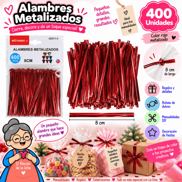Alambres Metalizados Rojos 8 cm – 400 Unidades | El Rincón de la Icha Pack de 400 alambres metalizados rojos de 8 cm para cerrar bolsas, regalos, recuerdos y manualidades DIY.