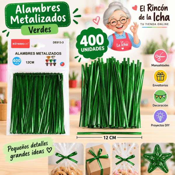 Alambres Metalizados Verdes 12 cm – 400 Unidades Alambres metalizados verdes de 12 cm, paquete de 400 unidades para manualidades y decoración