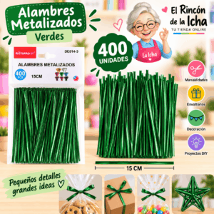 Alambres Metalizados Verdes 15 cm – 400 Unidades Alambres metalizados verdes de 15 cm, paquete de 400 unidades para manualidades y decoración