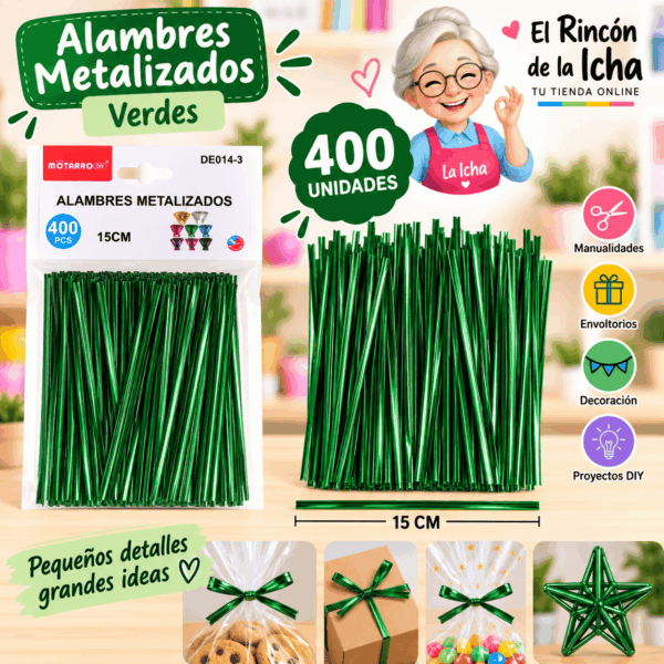 Alambres Metalizados Verdes 15 cm – 400 Unidades Alambres metalizados verdes de 15 cm, paquete de 400 unidades para manualidades y decoración