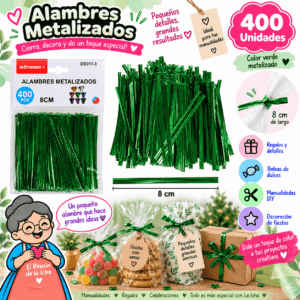 Pack de 400 alambres metalizados verdes de 8 cm para cerrar bolsas, regalos, recuerdos y manualidades DIY.