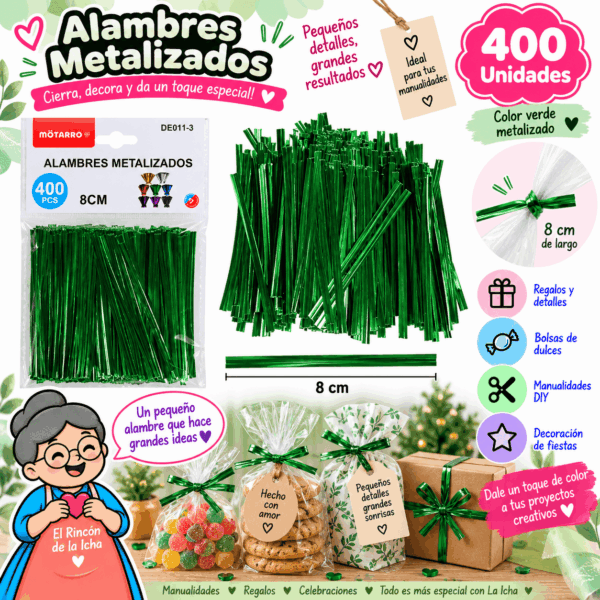 Alambres Metalizados Verdes 8 cm – 400 Unidades | El Rincón de la Icha Pack de 400 alambres metalizados verdes de 8 cm para cerrar bolsas, regalos, recuerdos y manualidades DIY.