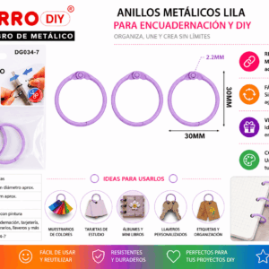 Set de 3 Anillos Metálicos Lila 30 mm para Encuadernación y Manualidades Set de 3 anillos metálicos lila de 30 mm para encuadernación, tarjetas, muestrarios, llaveros y manualidades DIY