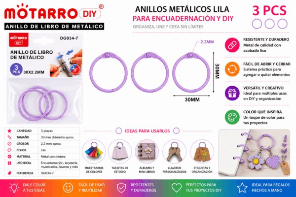Set de 3 Anillos Metálicos Lila 30 mm para Encuadernación y Manualidades Set de 3 anillos metálicos lila de 30 mm para encuadernación, tarjetas, muestrarios, llaveros y manualidades DIY