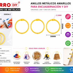 Set de 3 anillos metálicos amarillos de 30 mm para encuadernación, tarjetas, muestrarios, llaveros y manualidades DIY