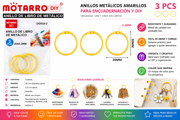 Set de 3 Anillos Metálicos Amarillos 30 mm para Encuadernación y Manualidades Set de 3 anillos metálicos amarillos de 30 mm para encuadernación, tarjetas, muestrarios, llaveros y manualidades DIY