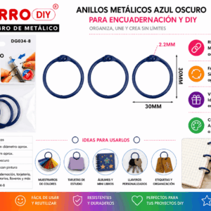 Set de 3 Anillos Metálicos Azul Oscuro 30 mm para Encuadernación y Manualidades Set de 3 anillos metálicos azul oscuro de 30 mm para encuadernación, tarjetas, muestrarios, llaveros y manualidades DIY