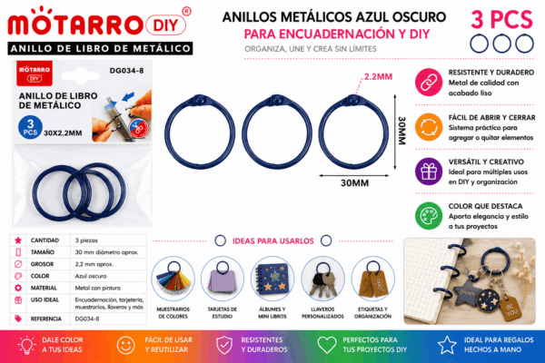 Set de 3 Anillos Metálicos Azul Oscuro 30 mm para Encuadernación y Manualidades Set de 3 anillos metálicos azul oscuro de 30 mm para encuadernación, tarjetas, muestrarios, llaveros y manualidades DIY