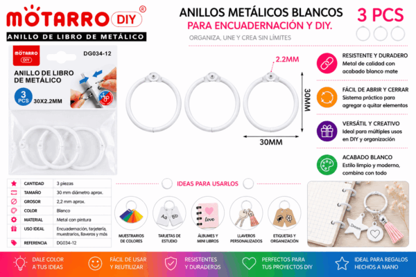 Set de 3 Anillos Metálicos Blancos 30 mm para Encuadernación y Manualidades Set de 3 anillos metálicos blancos de 30 mm para encuadernación, tarjetas, muestrarios, llaveros y manualidades DIY