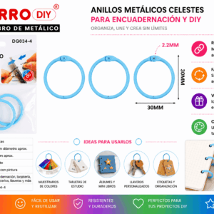 Set de 3 anillos metálicos celestes de 30 mm para encuadernación, tarjetas, muestrarios, llaveros y manualidades DIY
