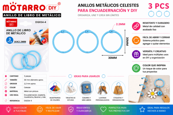 Set de 3 Anillos Metálicos Celestes 30 mm para Encuadernación y Manualidades Set de 3 anillos metálicos celestes de 30 mm para encuadernación, tarjetas, muestrarios, llaveros y manualidades DIY