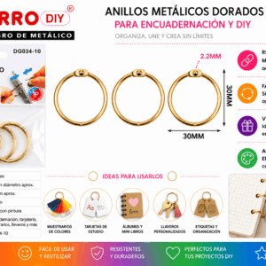 Set de 3 Anillos Metálicos Dorados 30 mm para Encuadernación y Manualidades Set de 3 anillos metálicos dorados de 30 mm para encuadernación, tarjetas, muestrarios, llaveros y manualidades DIY