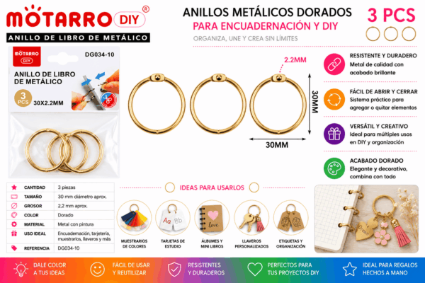 Set de 3 Anillos Metálicos Dorados 30 mm para Encuadernación y Manualidades Set de 3 anillos metálicos dorados de 30 mm para encuadernación, tarjetas, muestrarios, llaveros y manualidades DIY