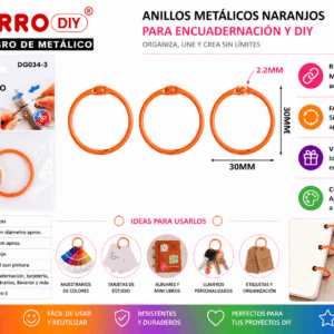 Set de 3 Anillos Metálicos Naranjos 30 mm para Encuadernación y Manualidades Set de 3 anillos metálicos naranjos de 30 mm para encuadernación, tarjetas, muestrarios, llaveros y manualidades DIY