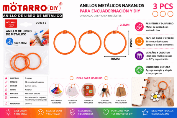 Set de 3 Anillos Metálicos Naranjos 30 mm para Encuadernación y Manualidades Set de 3 anillos metálicos naranjos de 30 mm para encuadernación, tarjetas, muestrarios, llaveros y manualidades DIY