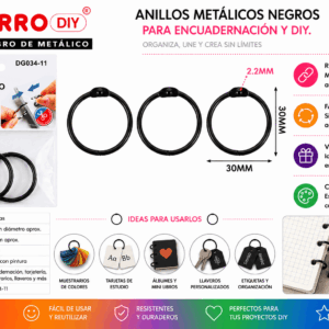 Set de 3 Anillos Metálicos Negros 30 mm para Encuadernación y Manualidades Set de 3 anillos metálicos negros de 30 mm para encuadernación, tarjetas, muestrarios, llaveros y manualidades DIY