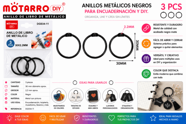 Set de 3 Anillos Metálicos Negros 30 mm para Encuadernación y Manualidades Set de 3 anillos metálicos negros de 30 mm para encuadernación, tarjetas, muestrarios, llaveros y manualidades DIY