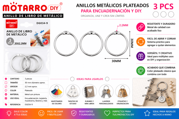 Set de 3 Anillos Metálicos Plateados 30 mm para Encuadernación y Manualidades Set de 3 anillos metálicos plateados de 30 mm para encuadernación, tarjetas, muestrarios, llaveros y manualidades DIY