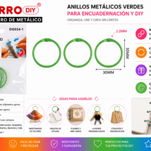 Set de 3 anillos metálicos verdes de 30 mm para encuadernación, tarjetas, muestrarios, llaveros y manualidades DIY