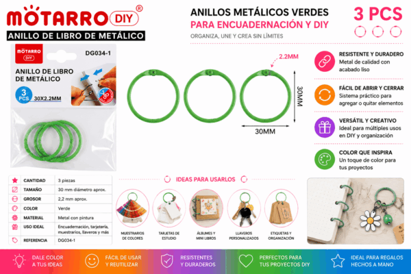 Set de 3 Anillos Metálicos Verdes 30 mm para Encuadernación y Manualidades Set de 3 anillos metálicos verdes de 30 mm para encuadernación, tarjetas, muestrarios, llaveros y manualidades DIY