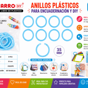 Set de 8 anillos plásticos celestes de 35 mm para encuadernación, tarjetas, muestrarios y manualidades DIY.
