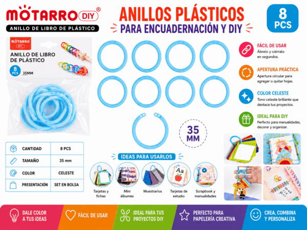 Anillos Plásticos Celestes 35 mm para Encuadernación y Manualidades Set de 8 anillos plásticos celestes de 35 mm para encuadernación, tarjetas, muestrarios y manualidades DIY.