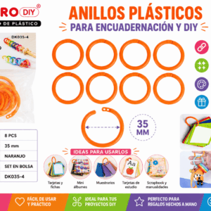 Set de 8 anillos plásticos naranjos de 35 mm para encuadernación, tarjetas, muestrarios y manualidades DIY.