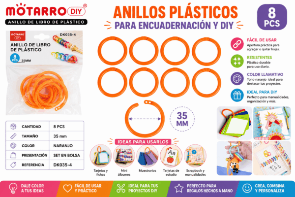 Anillos Plásticos Naranjos 35 mm para Encuadernación y Manualidades Set de 8 anillos plásticos naranjos de 35 mm para encuadernación, tarjetas, muestrarios y manualidades DIY.