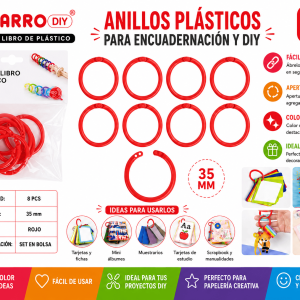 Anillos Plásticos Rojos 35 mm para Encuadernación y Manualidades Set de 8 anillos plásticos rojos de 35 mm para encuadernación, tarjetas, muestrarios y manualidades DIY.