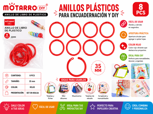 Anillos Plásticos Rojos 35 mm para Encuadernación y Manualidades Set de 8 anillos plásticos rojos de 35 mm para encuadernación, tarjetas, muestrarios y manualidades DIY.