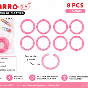 Set de 8 anillos plásticos rosados de 35 mm para encuadernación, tarjetas, mini álbumes, scrapbook y manualidades DIY.