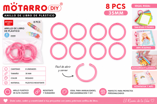 Anillos Plásticos Rosados 35 mm para Encuadernación y Manualidades Set de 8 anillos plásticos rosados de 35 mm para encuadernación, tarjetas, mini álbumes, scrapbook y manualidades DIY.