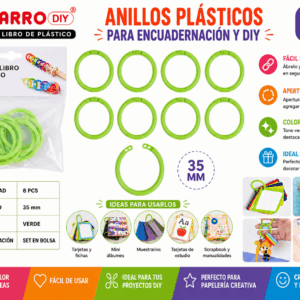 Set de 8 anillos plásticos verdes de 35 mm para encuadernación, tarjetas, muestrarios y manualidades DIY.