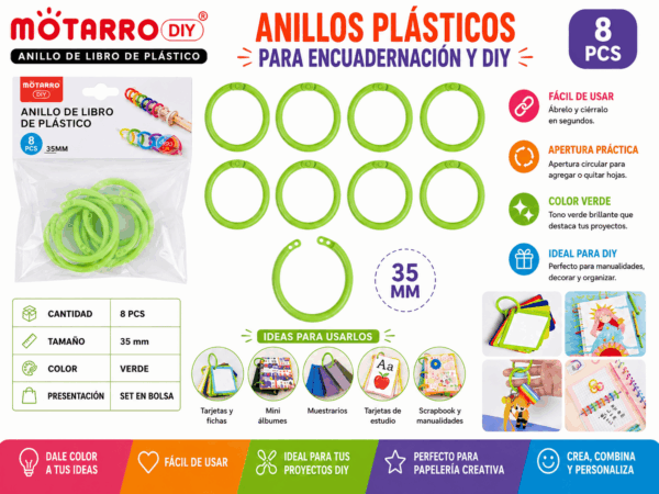 Anillos Plásticos Verdes 35 mm para Encuadernación y Manualidades Set de 8 anillos plásticos verdes de 35 mm para encuadernación, tarjetas, muestrarios y manualidades DIY.