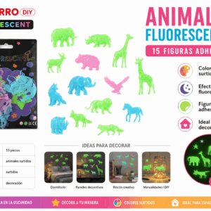 Set de 15 Animales Fluorescentes Adhesivos – Colores Surtidos Set de 15 animales fluorescentes adhesivos en diseños y colores surtidos para decorar paredes, dormitorios y espacios creativos.