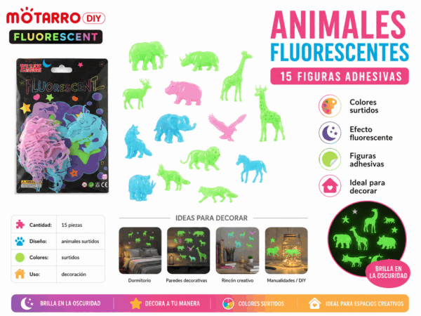Set de 15 Animales Fluorescentes Adhesivos – Colores Surtidos Set de 15 animales fluorescentes adhesivos en diseños y colores surtidos para decorar paredes, dormitorios y espacios creativos.