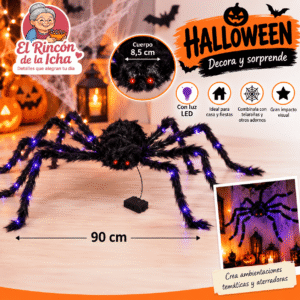 Araña decorativa negra con luz de 90 cm para Halloween y ambientaciones de terror