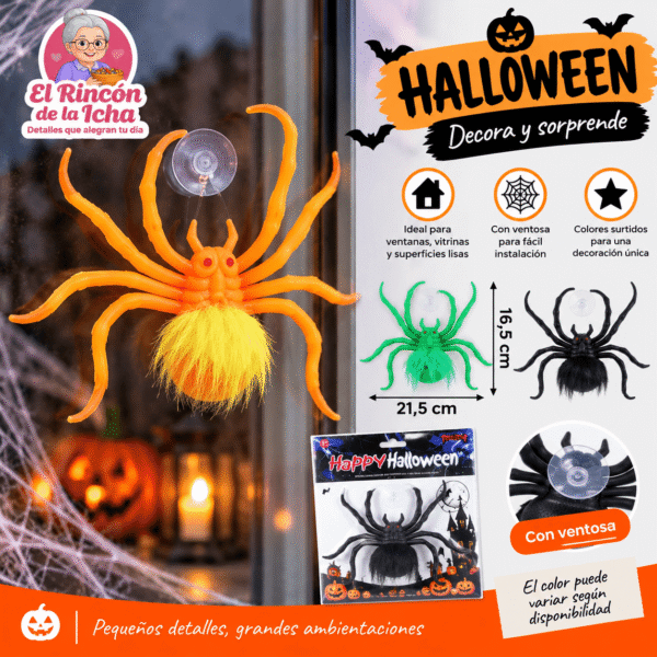 Araña Decorativa Halloween con Ventosa 21,5 x 16,5 cm Colores Surtidos Araña decorativa para Halloween con ventosa de 21,5 x 16,5 cm en colores surtidos