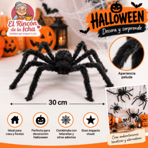 Araña decorativa peluda negra de 30 cm para Halloween y ambientaciones de terror