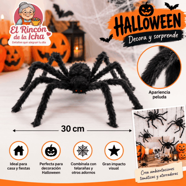 Araña Decorativa Peluda Halloween Negra 30 cm Araña decorativa peluda negra de 30 cm para Halloween y ambientaciones de terror